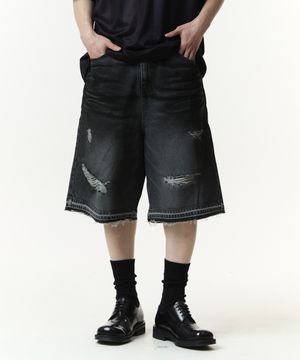 오일워싱 디스트로이드 데님 하프팬츠 (블랙)