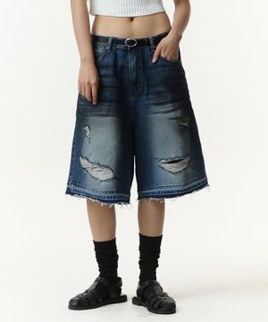 오일워싱 디스트로이드 데님 하프팬츠 (블루)