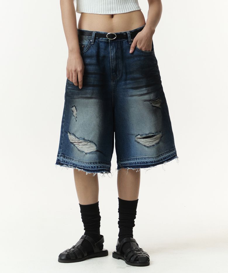 오일워싱 디스트로이드 데님 하프팬츠 (블루)