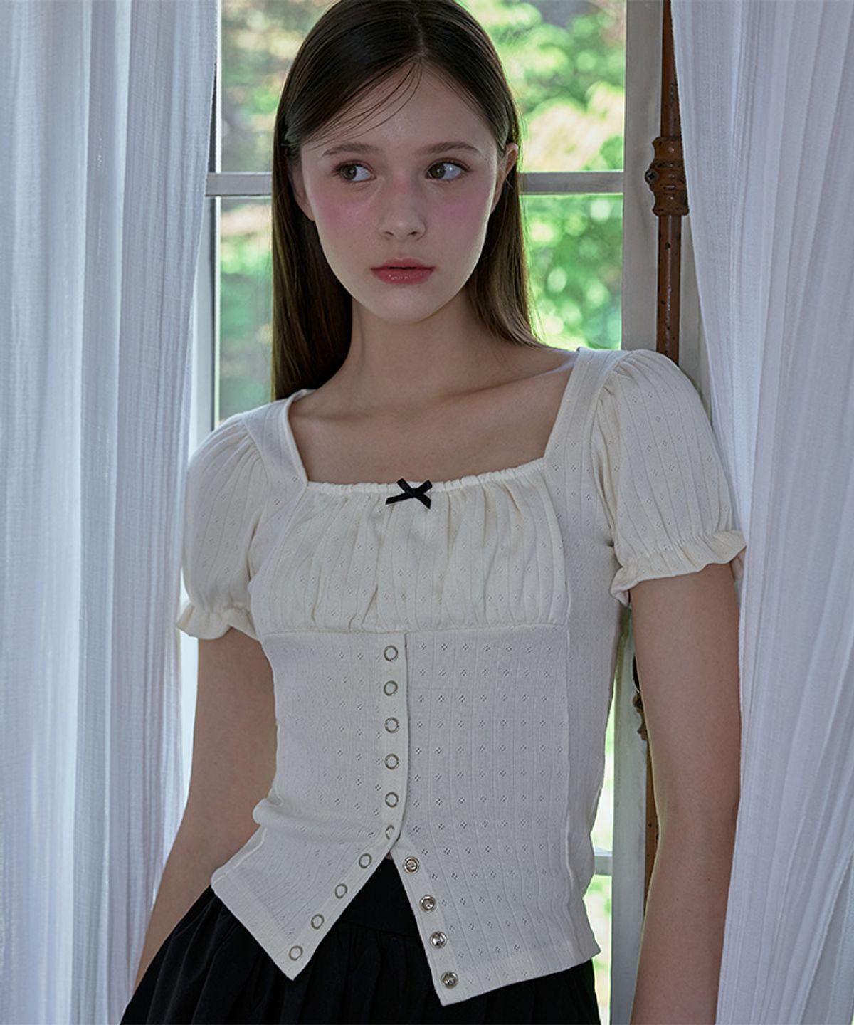 로제프란츠(ROSEFRANTZ) Puff Shirring Ribbon T-shirt [Cream]