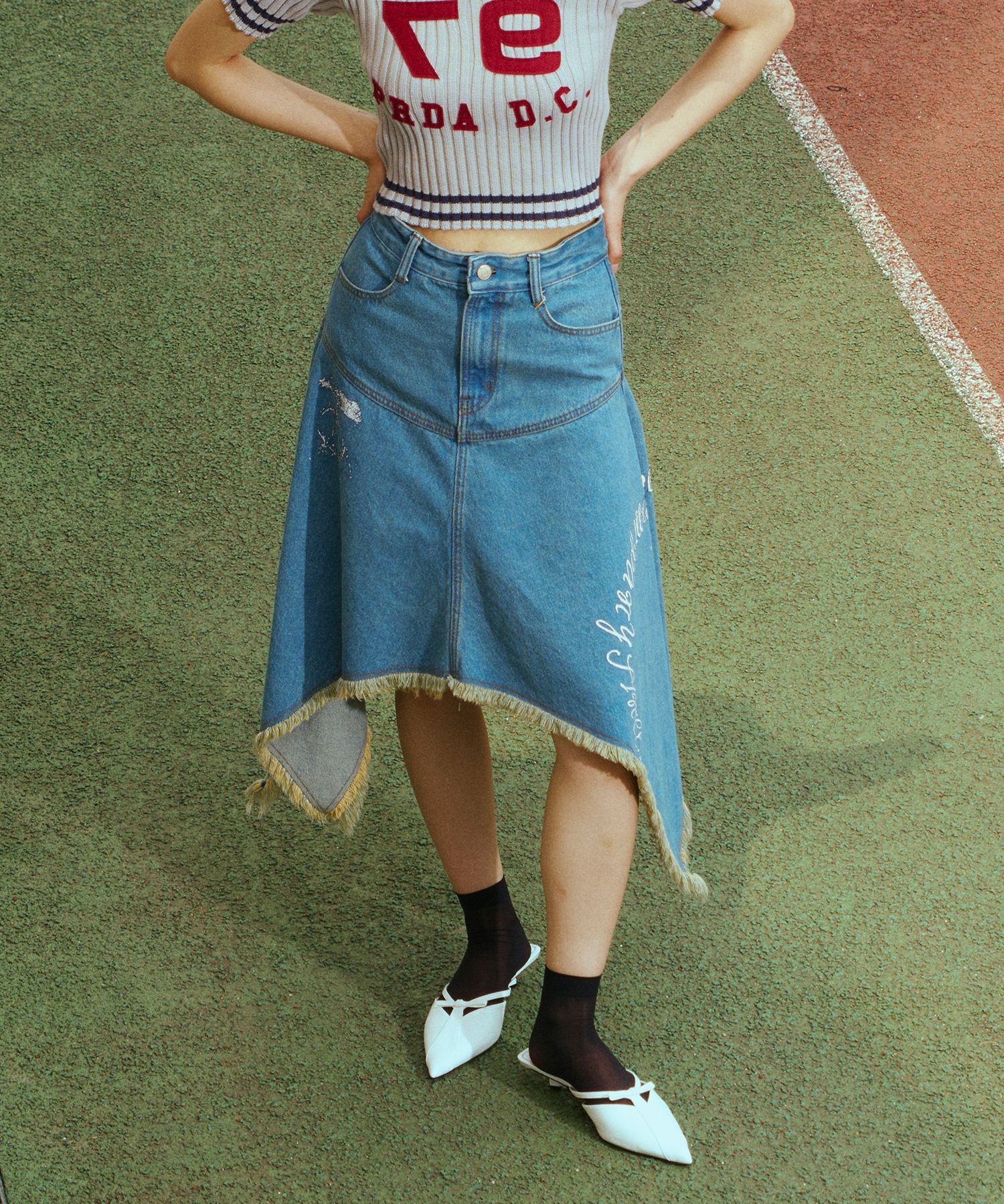 MUSINSA | PRENDA DENIM UNBALANCED MIDI SKIRT BLUE