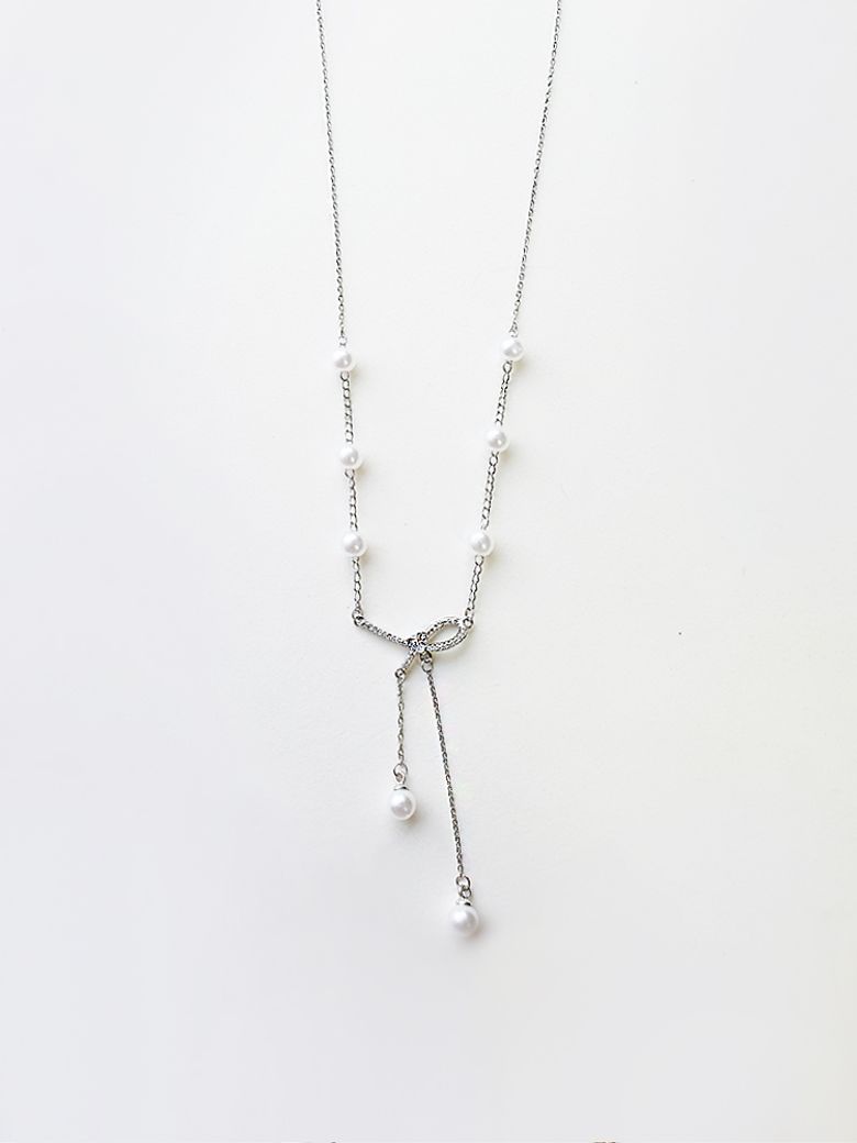 Pearl Cubic Ribbon Necklace 진주 큐빅 리본 목걸이