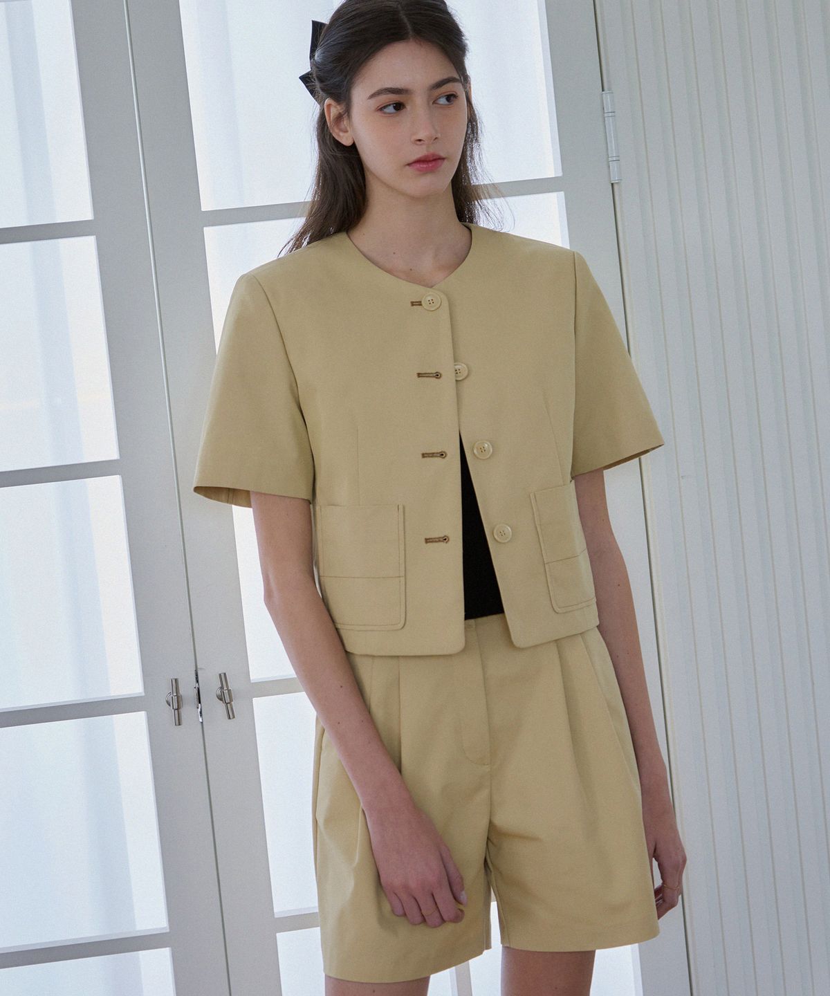 드로우핏 우먼(DRAWFIT WOMEN) 컬러 스티치 코튼 반팔 자켓 [BEIGE]