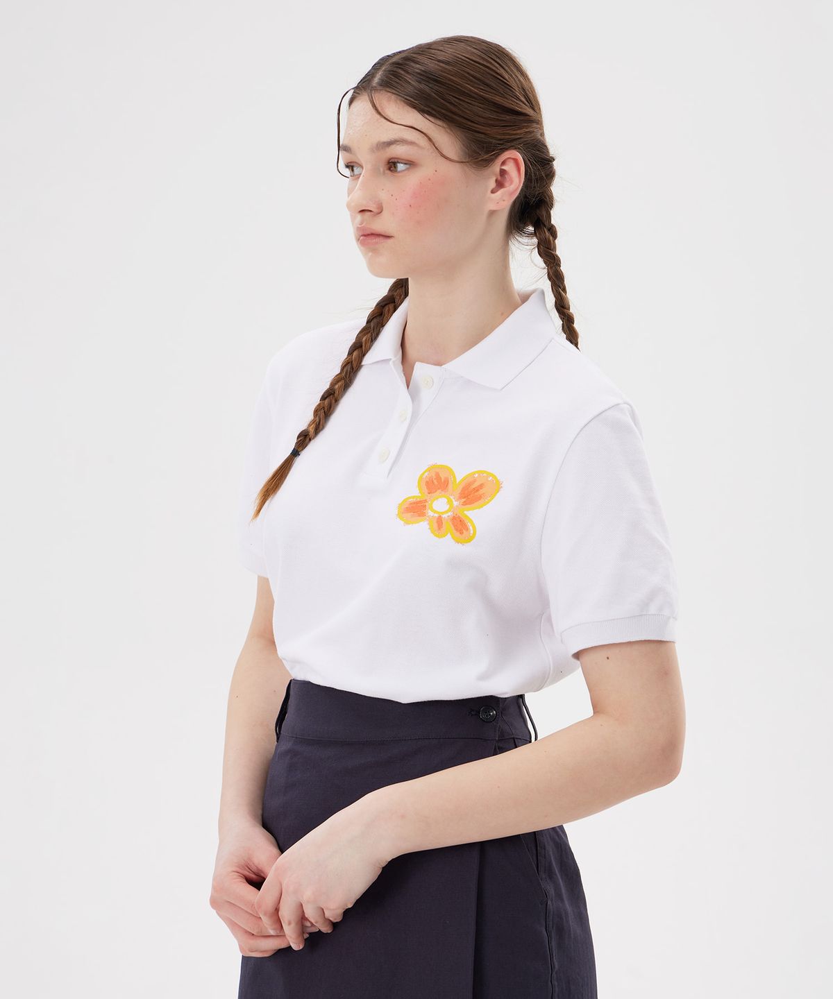 필더스(FIELDERS) [BRANDALISED x FIELDERS] 우먼 옐로우 플라워 피케 폴로 셔츠 화이트