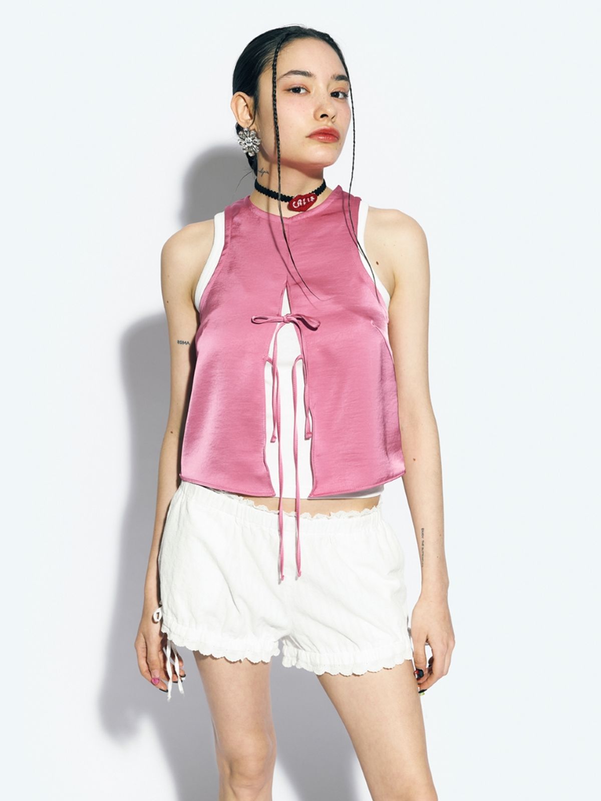 에즈이프 캘리(ASIF CALIE) RIBBON OPEN SLEEVELESS BLOUSE PINK