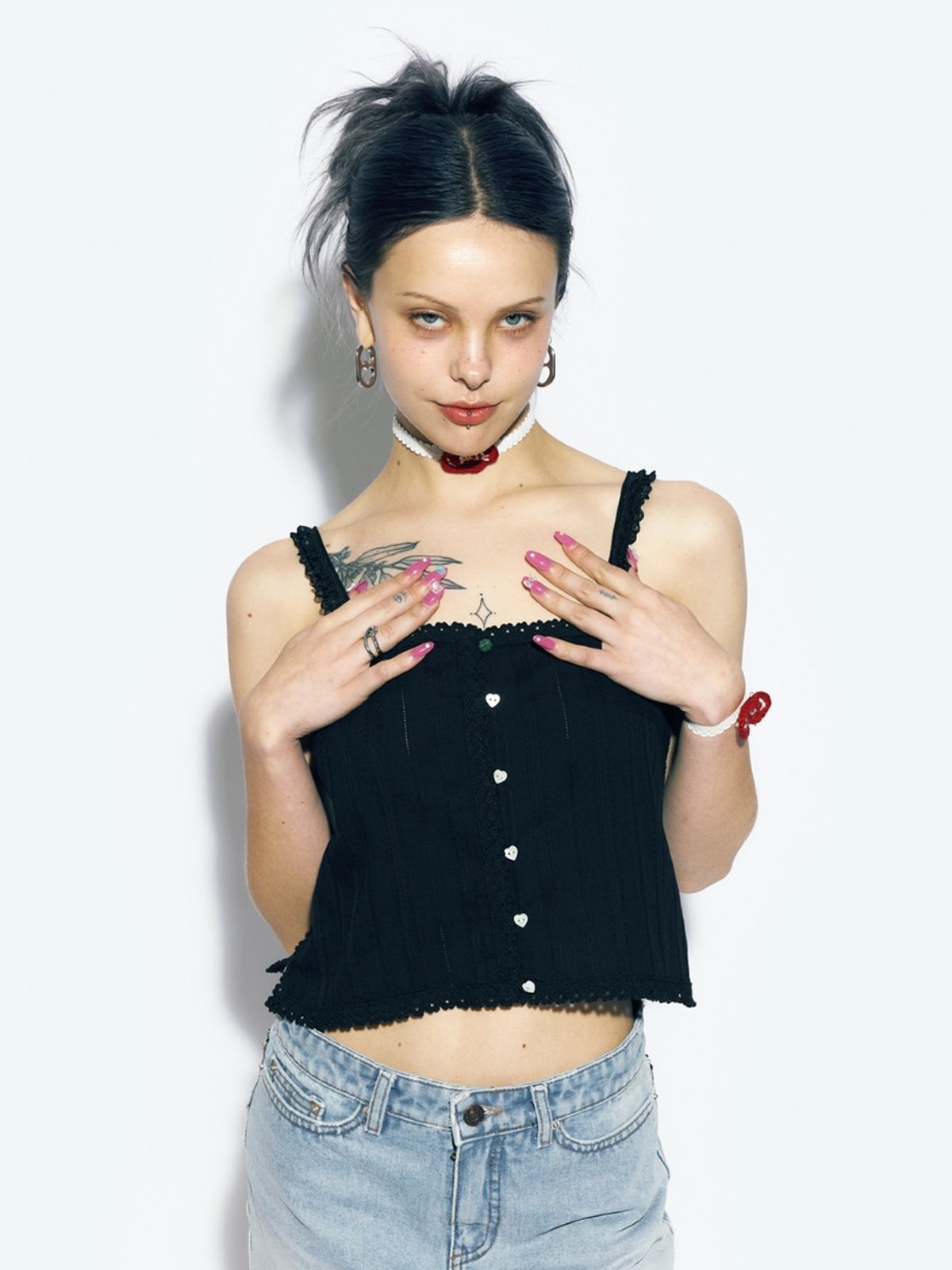 에즈이프 캘리(ASIF CALIE) LACE TRIM SLEEVELESS BLOUSE BLACK