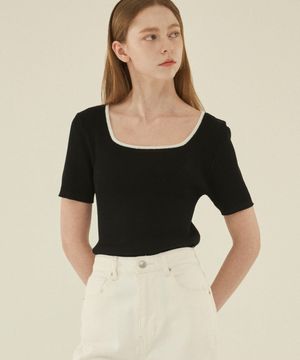 여성 스퀘어넥 슬림 골지 반팔니트-블랙 ZE2SW643