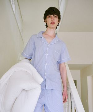 (m)스탠다드 더블핀체크 파자마 반소매세트 블루