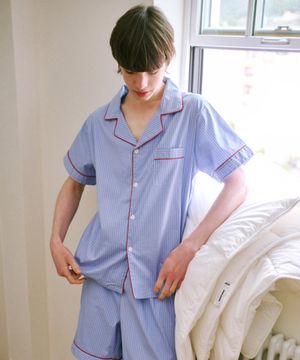 (m)스탠다드 티킹 스트라이프 파자마 반소매세트 블루