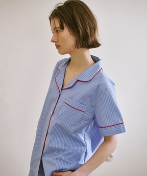 (w)스탠다드 티킹 스트라이프 파자마 반소매세트 블루
