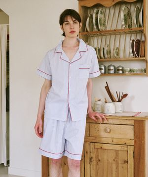 (m)스탠다드 티킹 스트라이프 파자마 반소매세트 화이트