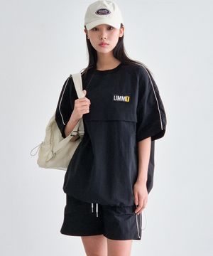 여자 라인포인트 바스락 티셔츠반바지세트 블랙