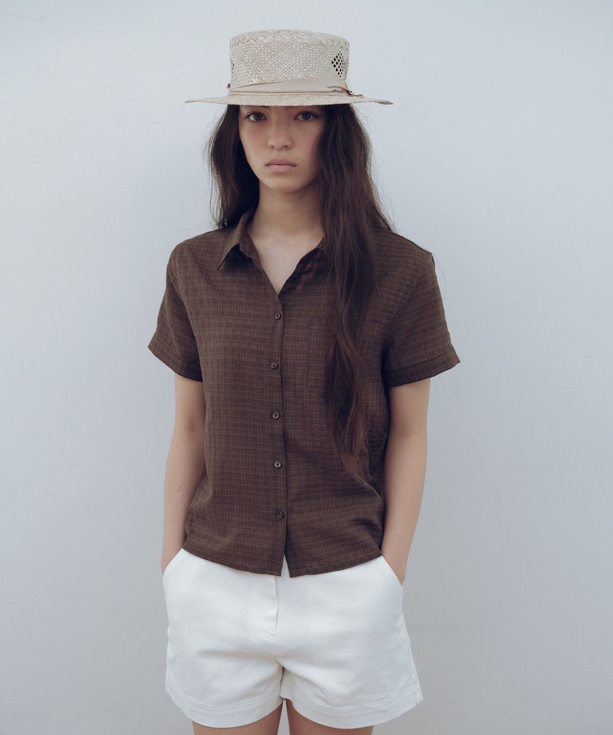 유라고(URAGO) Sheer check half shirt