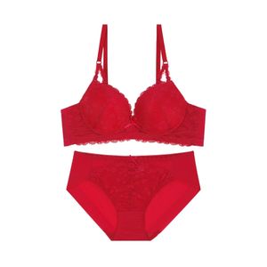 플로럴 레이스 브라 / 헴팬티 세트_레드
