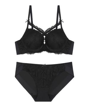 크로스 레이스 브라 / 레이스 헴팬티 세트_블랙