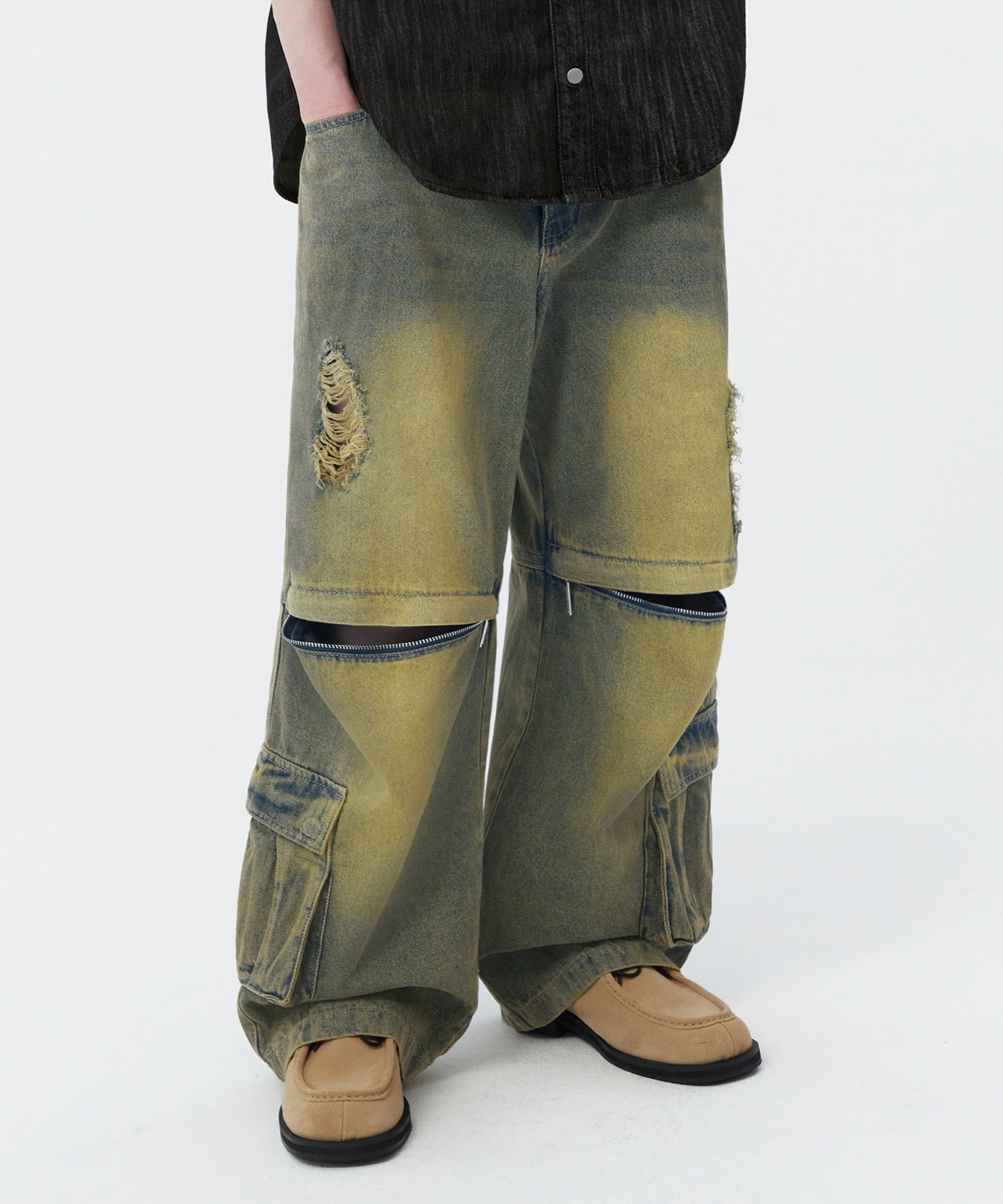 ★TRILLION★ Open knee cargo damage wide denim pants DESERT MUSINSA | TRILLION OpenNICAGO Damage Wide Denim Pants