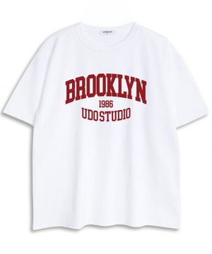 오버핏 크루넥 브루클린 반팔 티셔츠 화이트레드