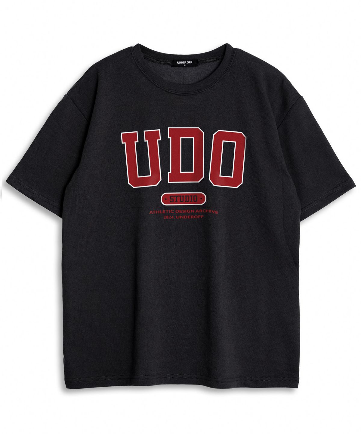 언더오프(UNDEROFF) 오버핏 크루넥 UDO 아치로고 반팔 티셔츠 블랙레드