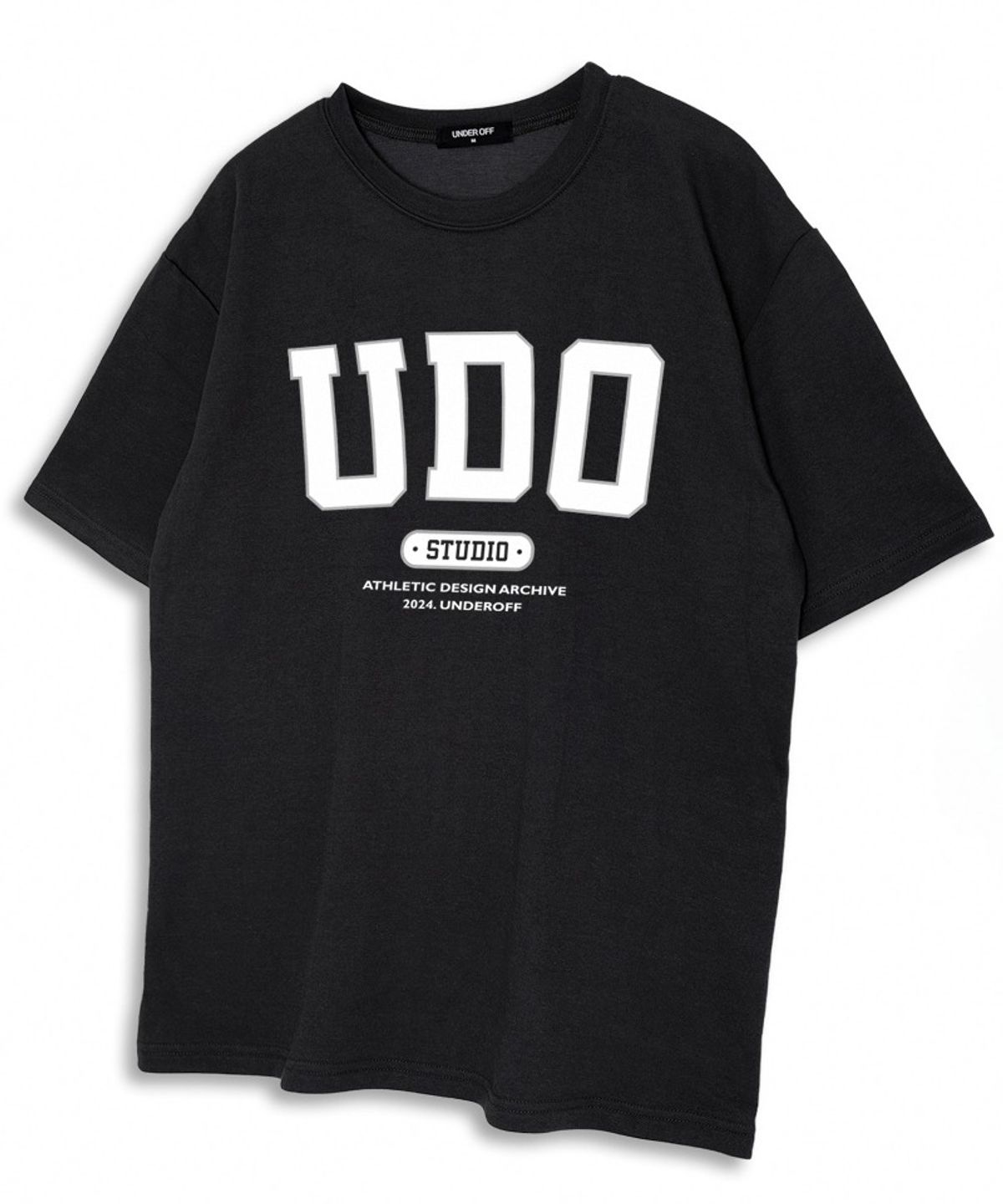 언더오프(UNDEROFF) 오버핏 크루넥 UDO 아치로고 반팔 티셔츠 블랙화이트
