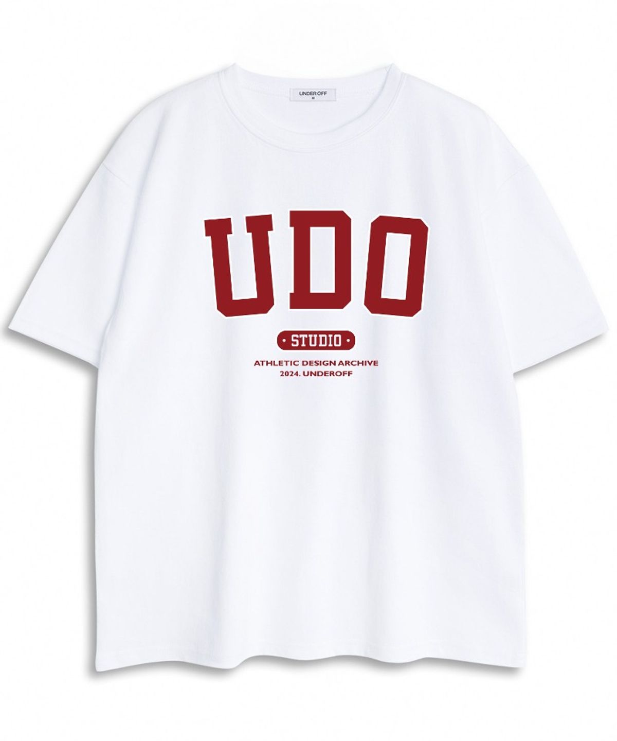 언더오프(UNDEROFF) 오버핏 크루넥 UDO 아치로고 반팔 티셔츠 화이트레드