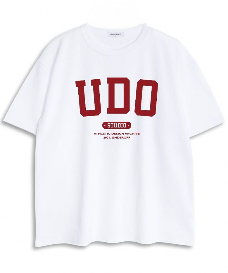 오버핏 크루넥 UDO 아치로고 반팔 티셔츠 화이트레드