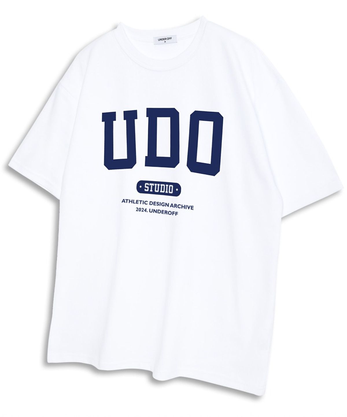 언더오프(UNDEROFF) 오버핏 크루넥 UDO 아치로고 반팔 티셔츠 화이트블루