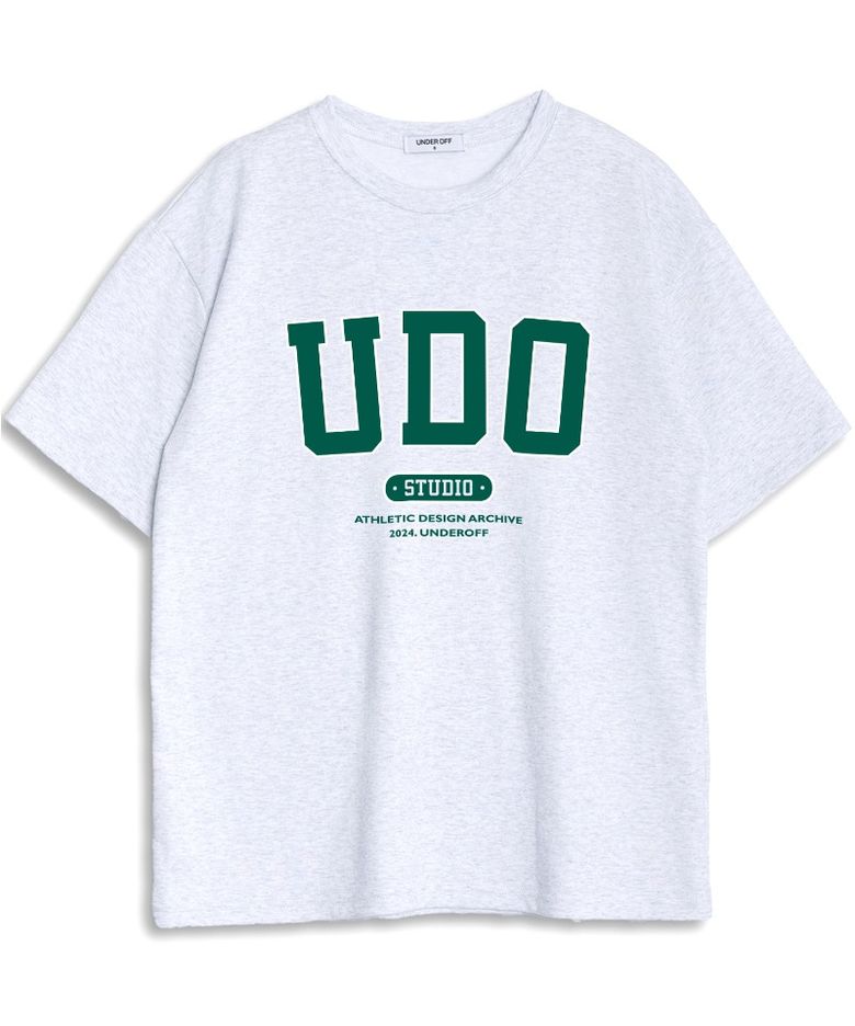 오버핏 크루넥 UDO 아치로고 반팔 티셔츠 화이트멜란지