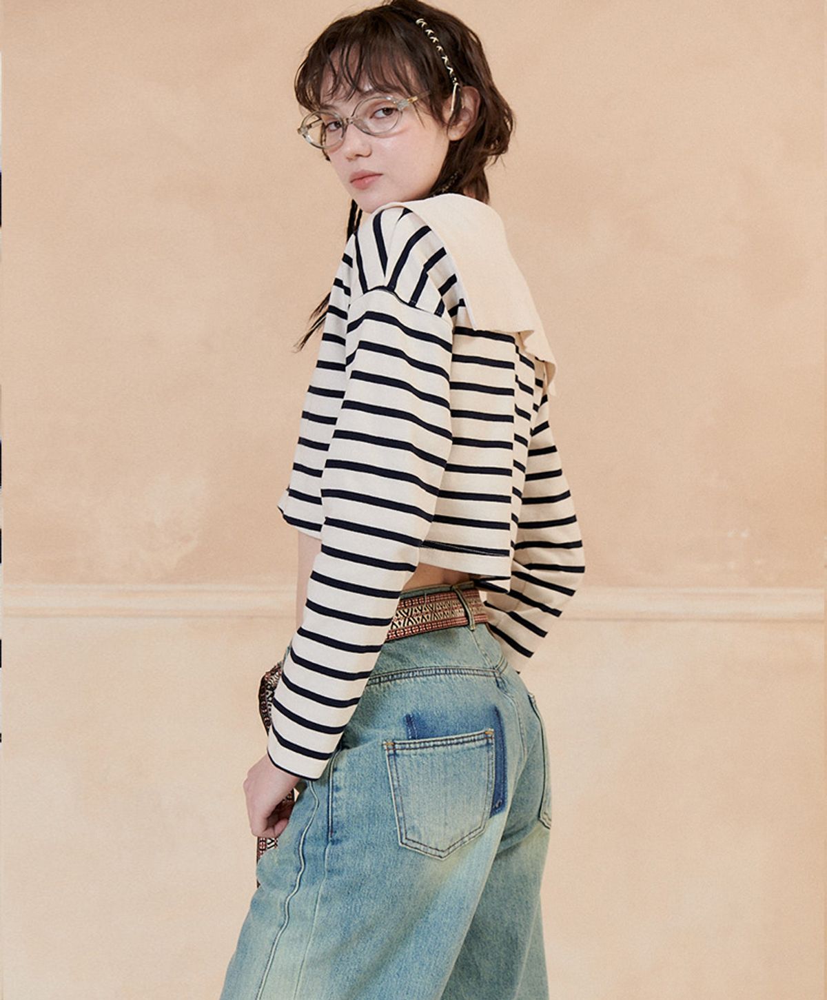 누크피터(NUUKFITTER) MARINE CROP BUTTON T-SHIRT_WOMEN [IVORY]