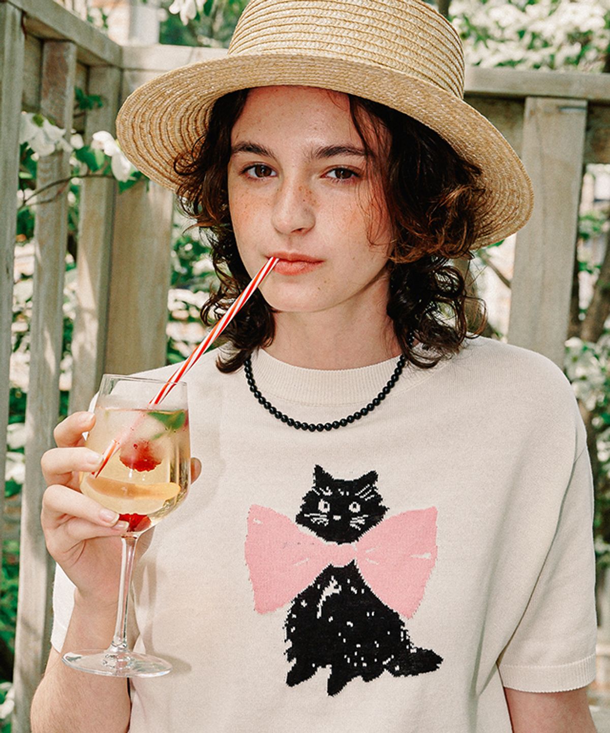 론론(RONRON) RIBBON CATS SHORT SLEEVE KNIT IVORY