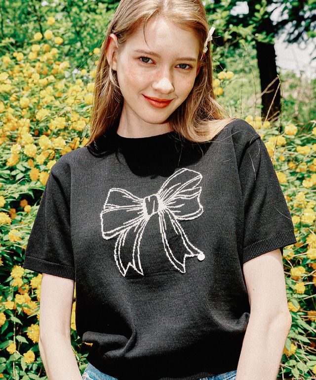 Ameri MANY RIBBON SHORT KNIT TOP 【公式通販】