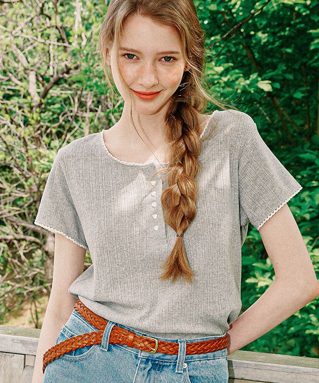 ★2024SS新作★RONRON★TORCHON LACE HENRYNECK T SHIRT MUSINSA | RONRON TORCHON LACE HENRYNECK T SHIRT GREY