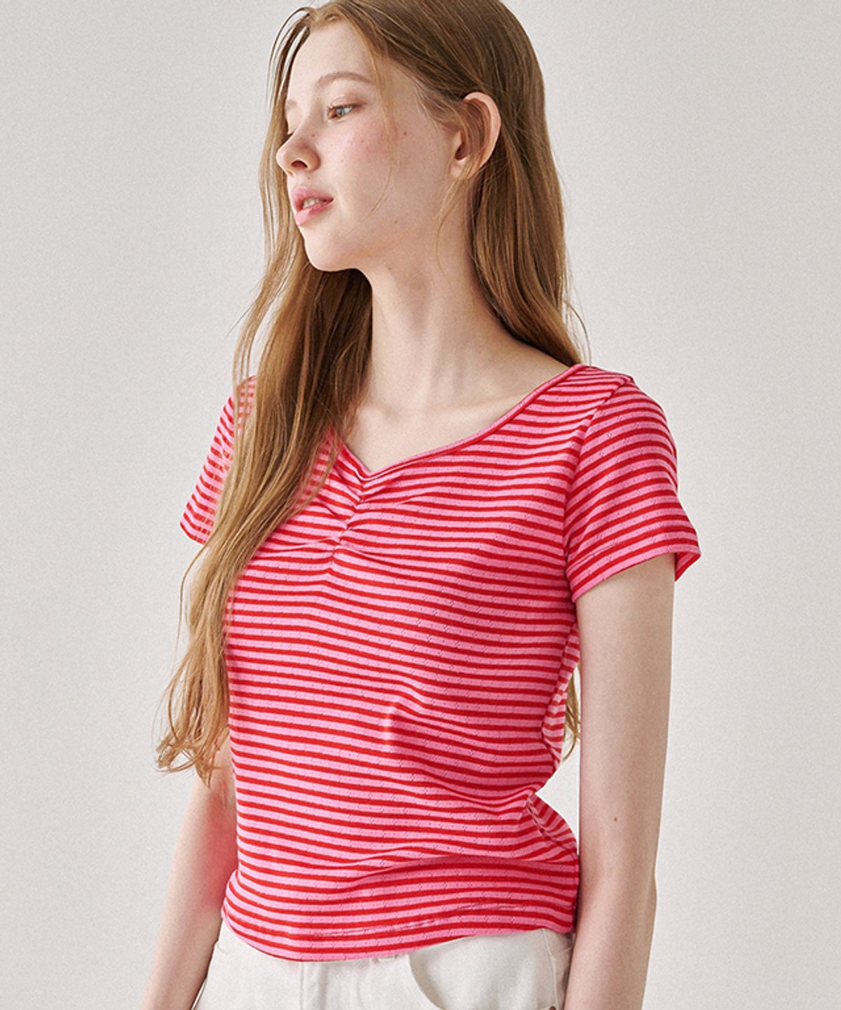론론(RONRON) EYELET SHIRRING STRIPE T SHIRT RED PINK