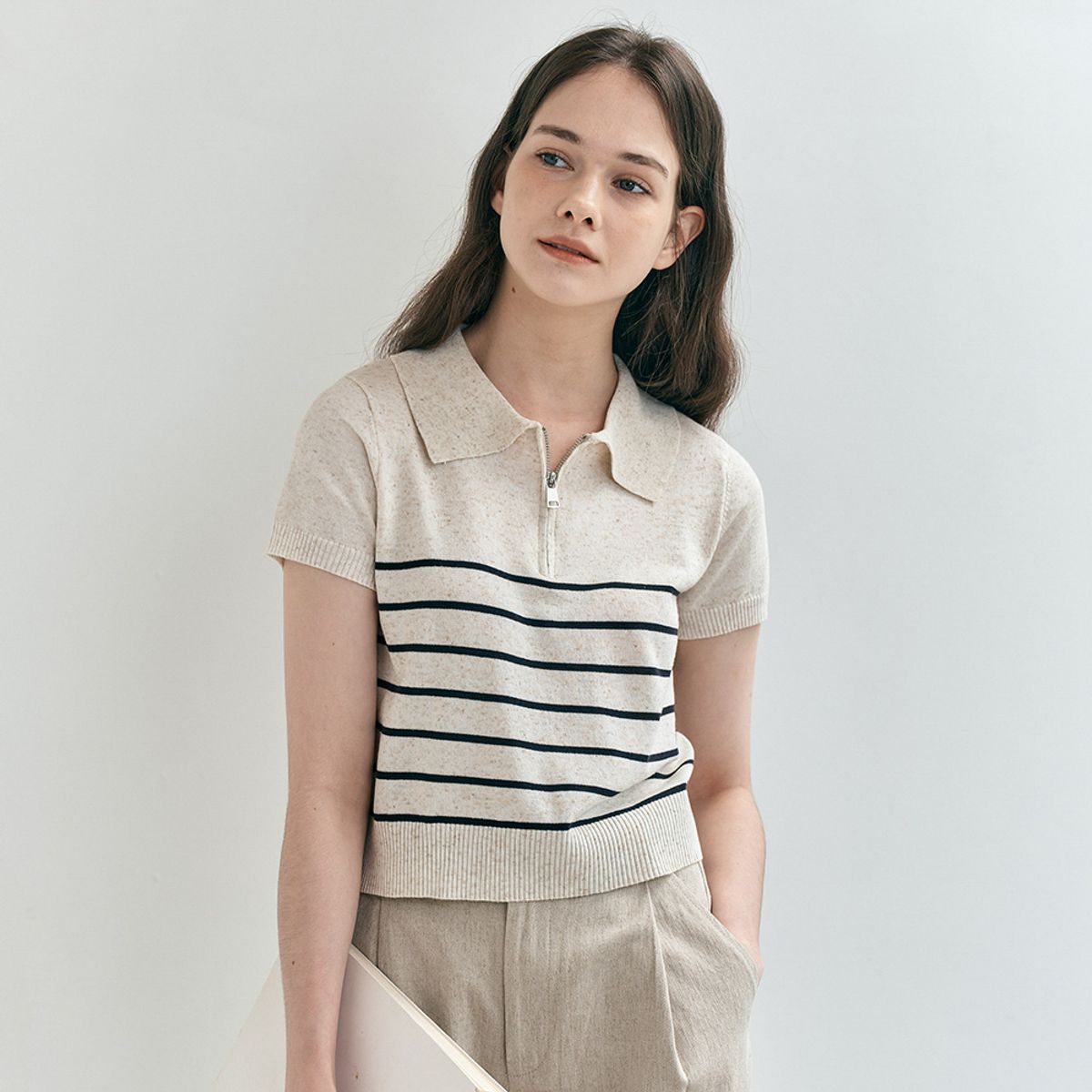 웬스데이딜라잇(WEDNESDAY DELIGHT) WD_Half zip-up striped knit top