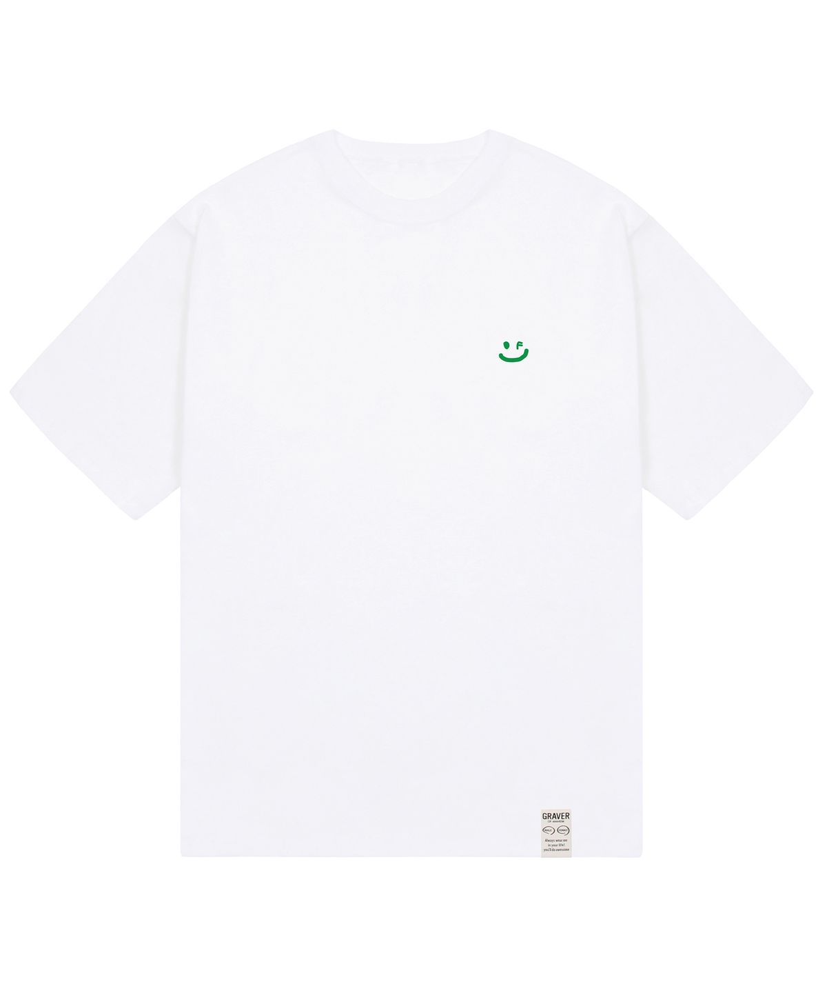 그레이버(GRAVER) [UNISEX-24]스몰 드로잉스마일 반팔티_화이트/그린 로고