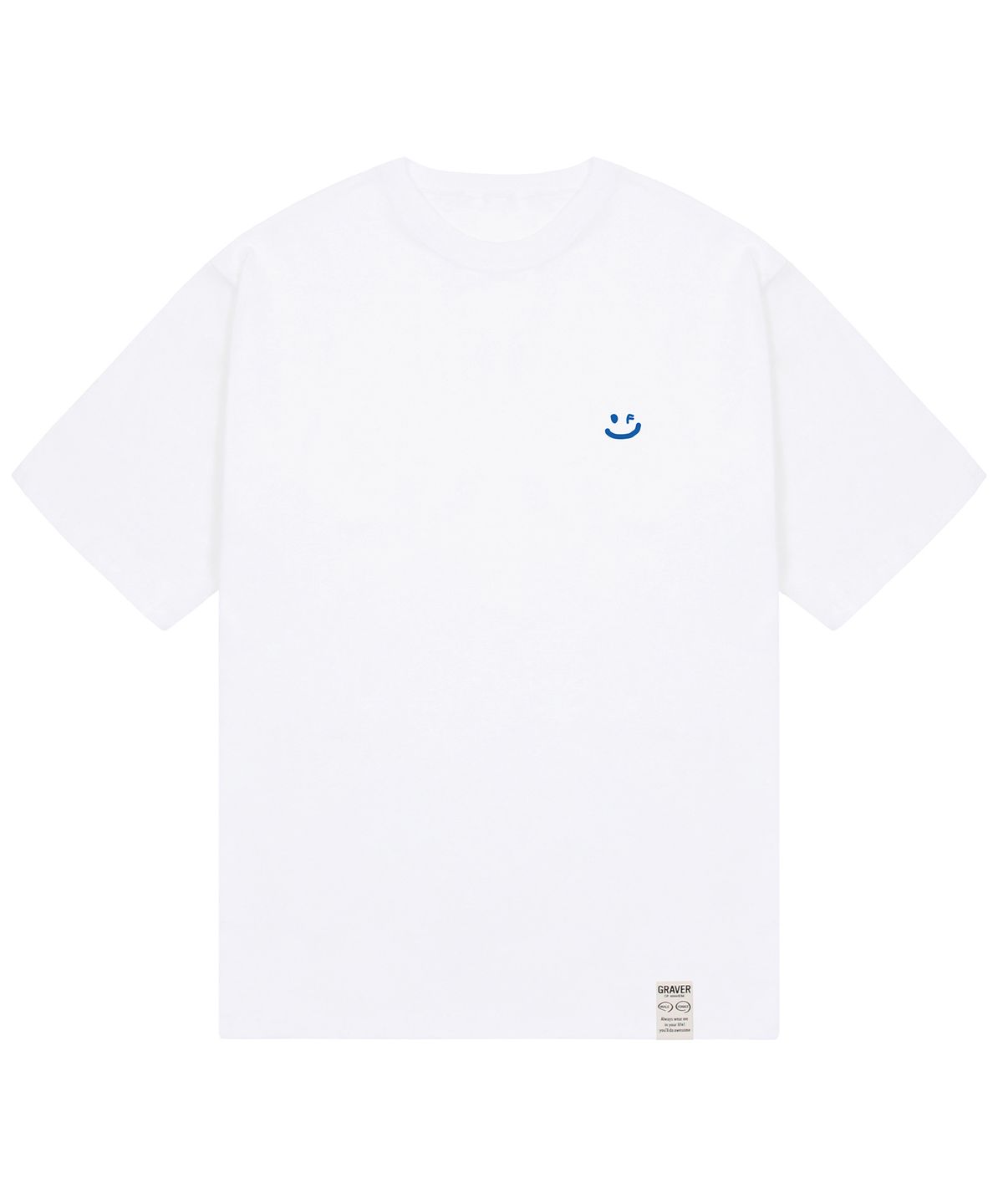 그레이버(GRAVER) [UNISEX-24]스몰 드로잉스마일 반팔티_화이트/블루 로고
