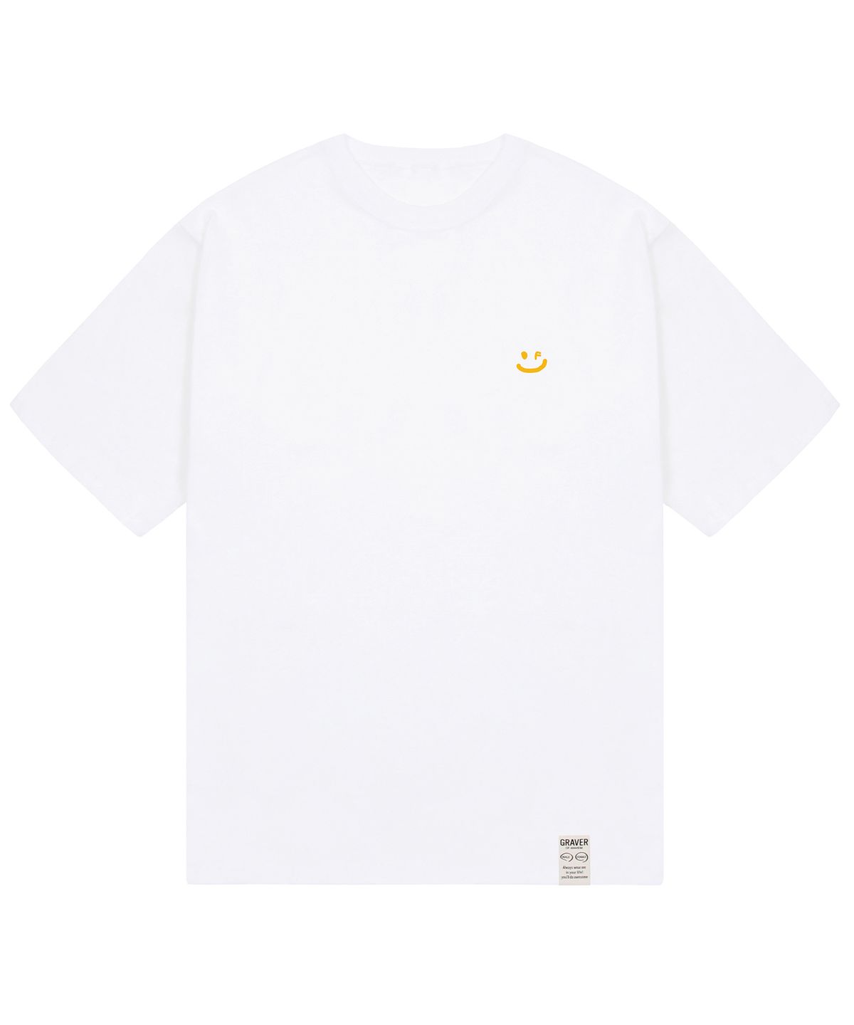 그레이버(GRAVER) [UNISEX-24]스몰 드로잉스마일 반팔티_화이트/옐로우 로고
