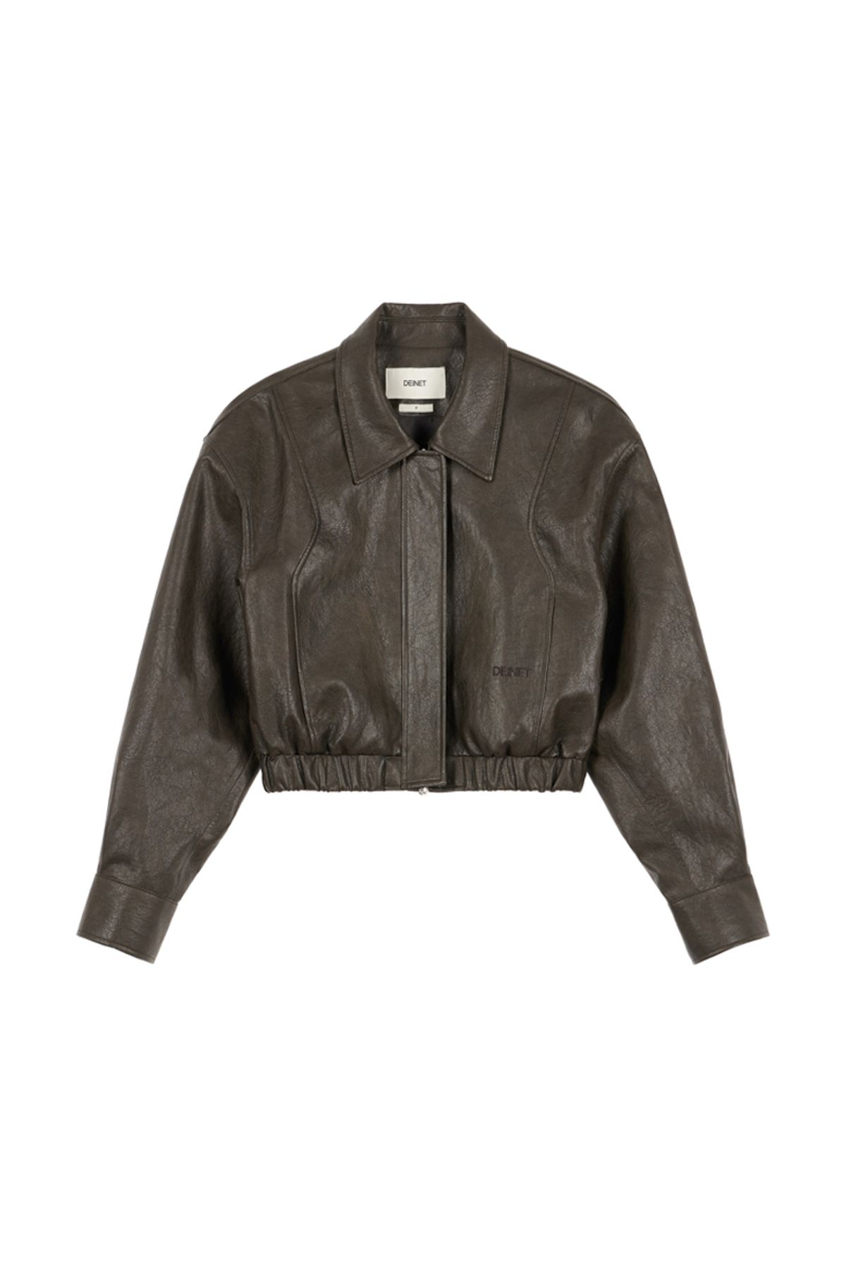 다이닛(DEINET) FAUX-LEATHER BOMBER BANDED JUMPER IN DARK BROWN
