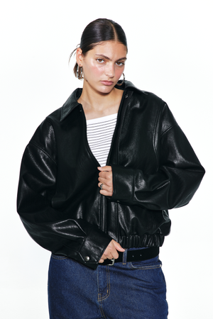 FAUX-LEATHER BOMBER BANDED JUMPER FOR MEN IN BLACK
