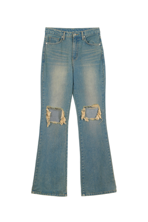 SCRATCH DAMAGE BOOTS-CUT DENIM PANTS IN BLUE