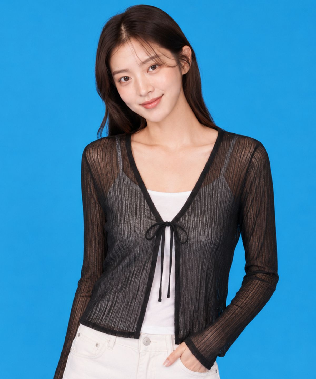 콜릿(KOLEAT) 시스루 쿨링 여름 리본 끈 스트랩 가디건 [블랙] KGL.