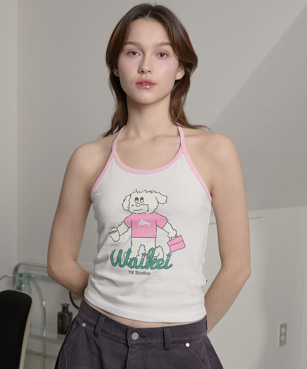 빈티지 그래픽 링거 슬리브리스 아이보리