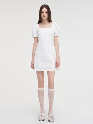 Square Puff Mini Dress, White