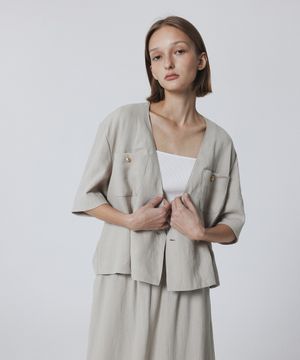 Collarless Linen Summer Jacket (Cream)