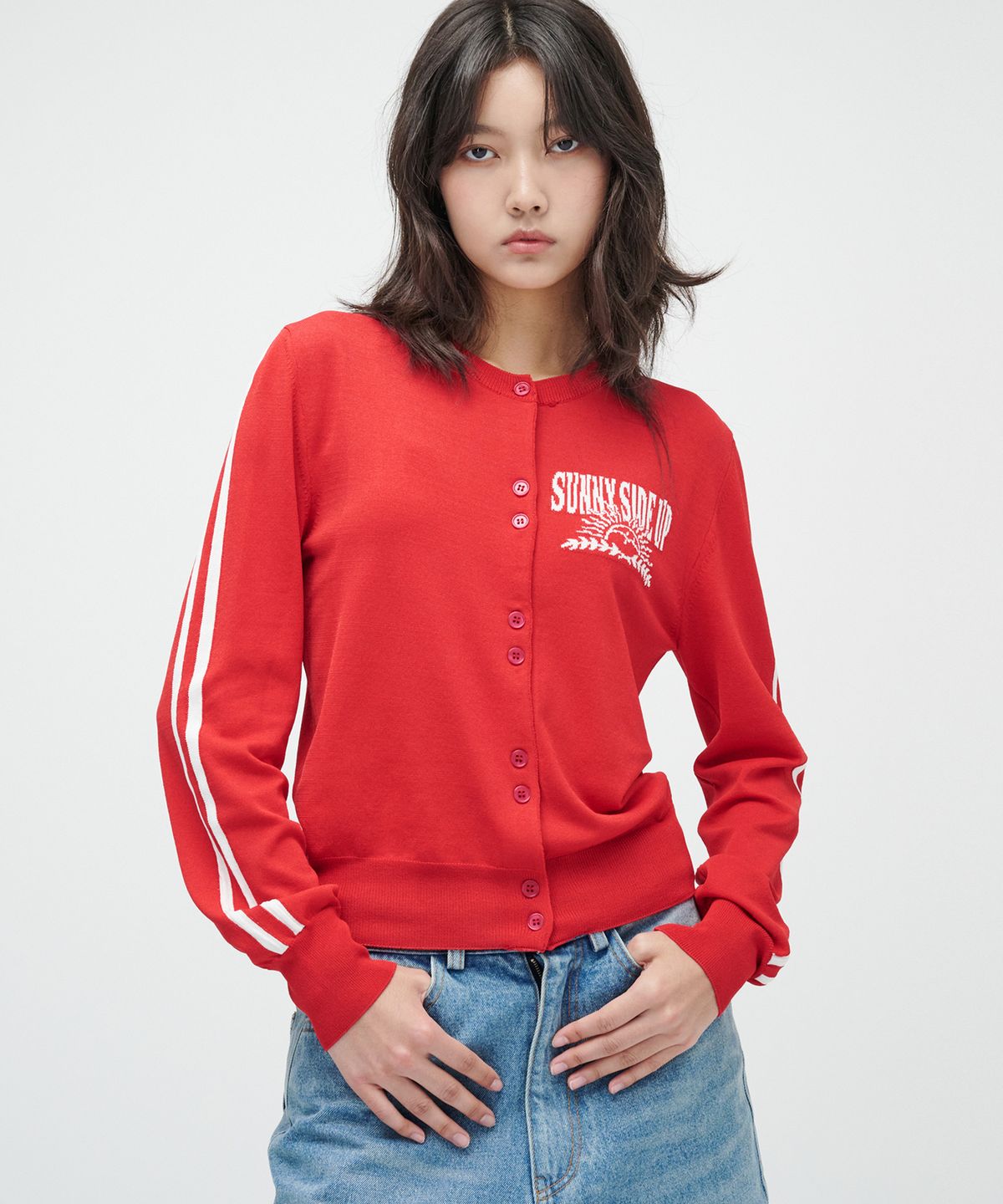 테이크이지(TAKEASY) (우먼스) 라인 가디건 (스트로베리)
