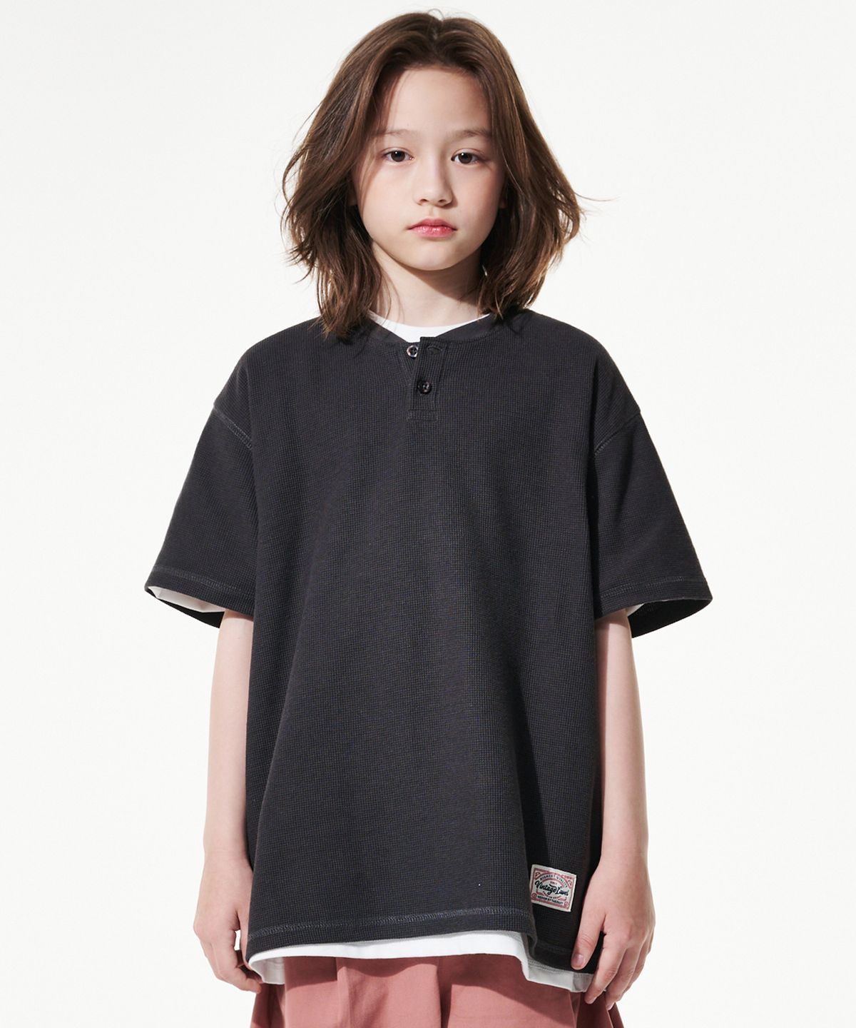 테이크이지 키즈(TAKEASY KIDS) 와플 헨리넥 티셔츠(다크그레이)