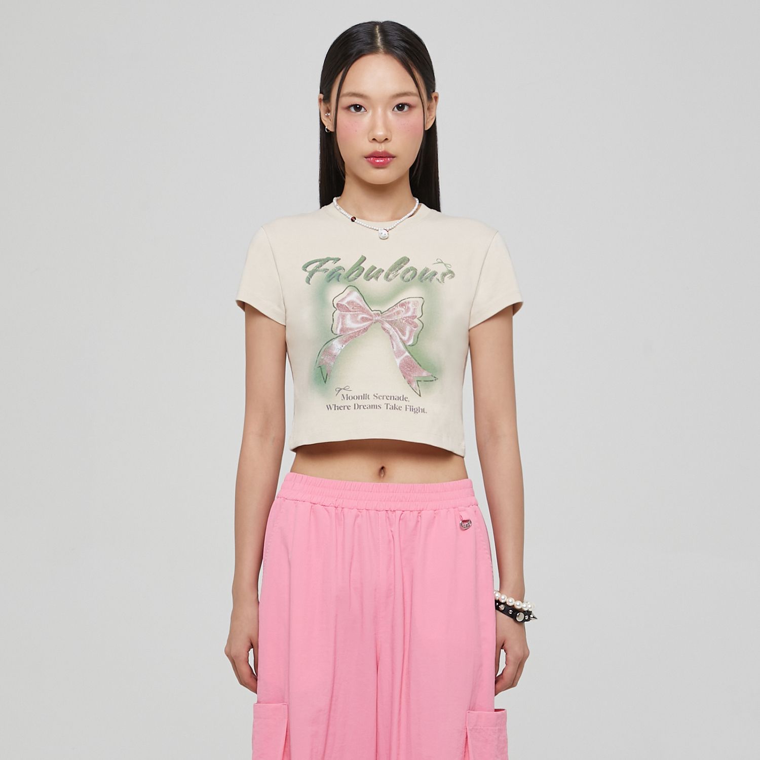 ★lalafox★RIBBON SMUDGE GRAPHIC T-SHIRT★Beige★韓国★人気 4カラー展開 クマちゃん ワンポイント 半袖 Tシャツ トップス