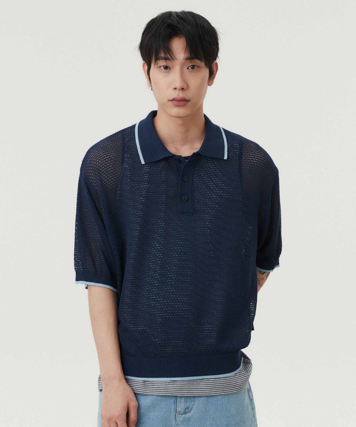더블유엠씨(WMC) 크로셰 하프 카라니트_NAVY