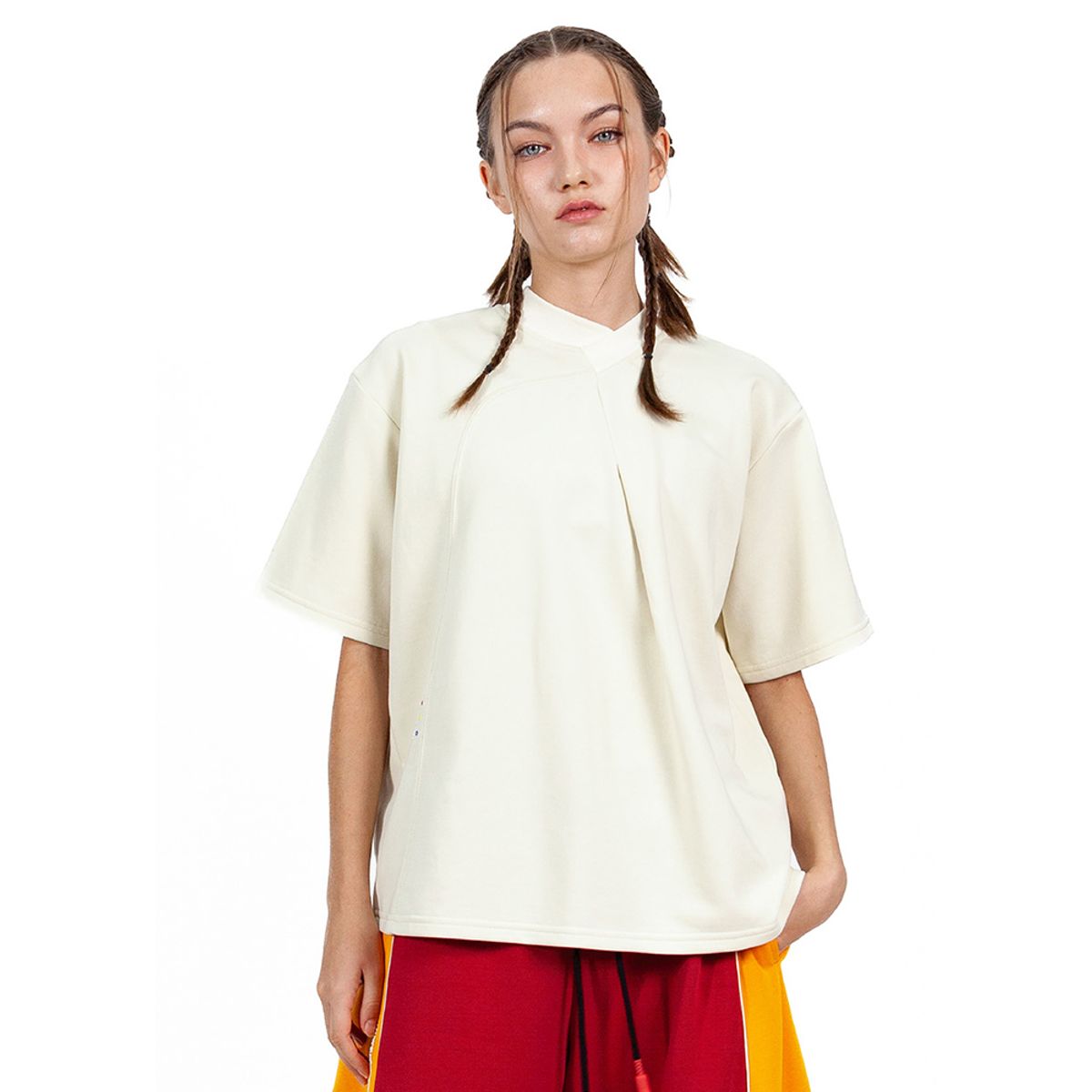 밀리우(MILIEUX) [MXM1UKTSS001YW]Front-pleated Knit T-shirt Short-Sleeve