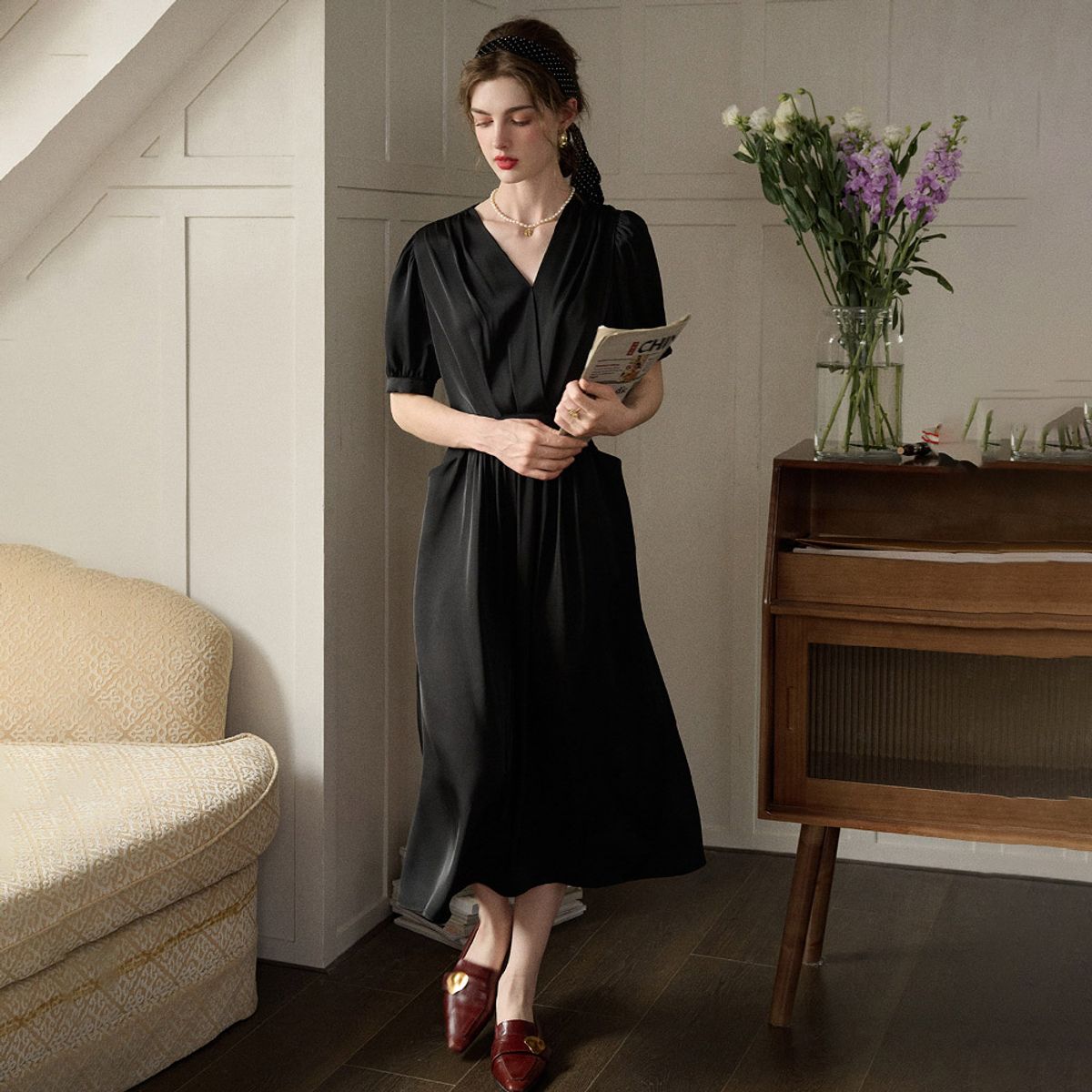 심플레트로(SIMPLE RETRO) SR_Pocket v-neck dress