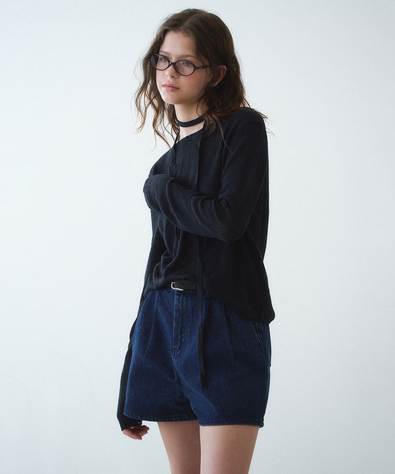 Seethrough linen exotic knit pullover (Black)